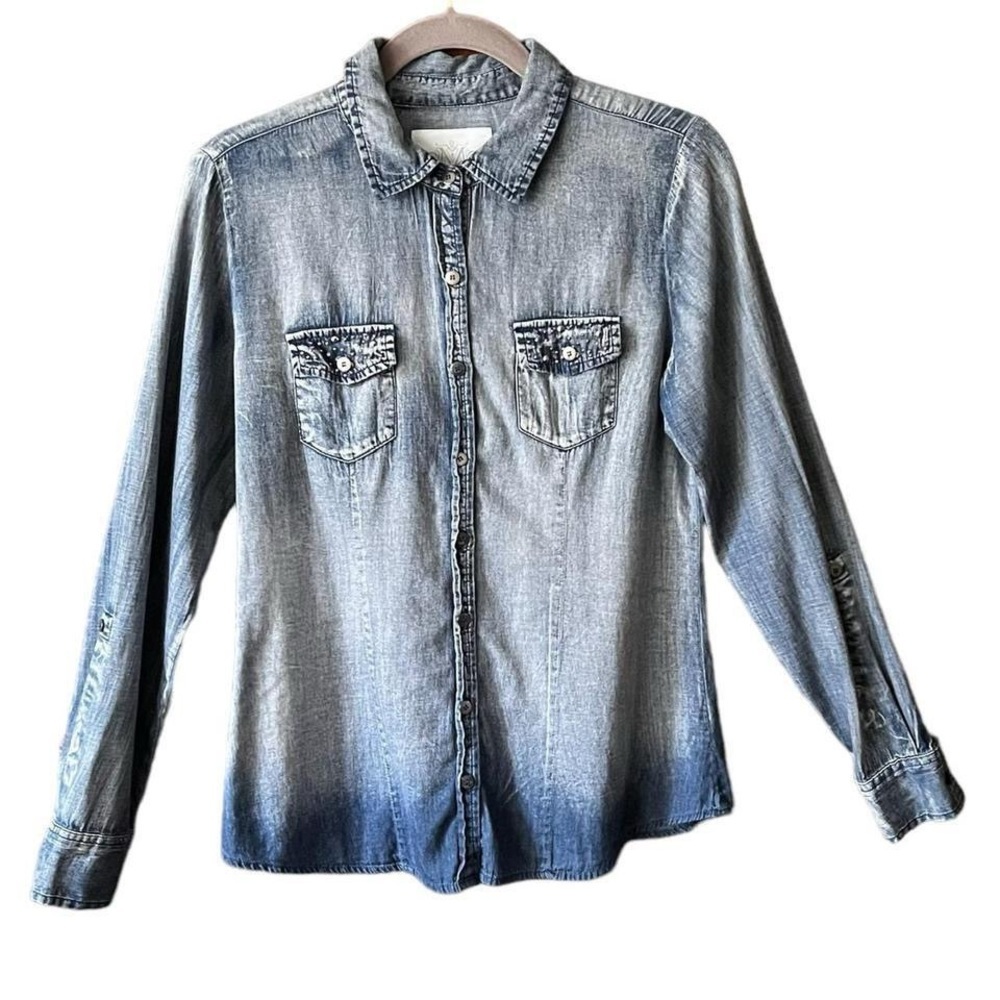 Blue Ombré  chambray Embroidered and Rhinestone Button up Shirt. Size medium